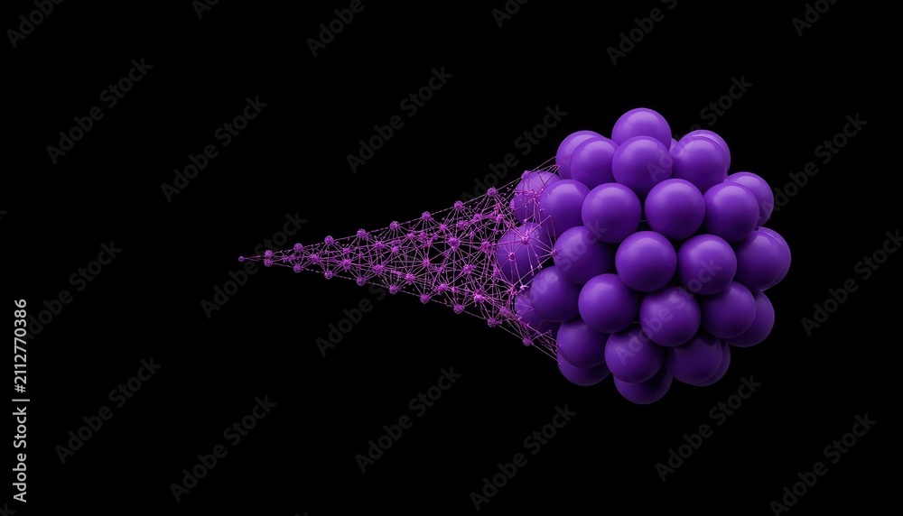 Obraz premium Abstract purple sphere cluster with streaming particle tail isolated on black background particle abstract technology background molecular structure interaction innovation visualization