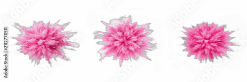 Quadro su tela Pink fluffy pom poms set isolated on white background, vibrant fabric cheerleadi