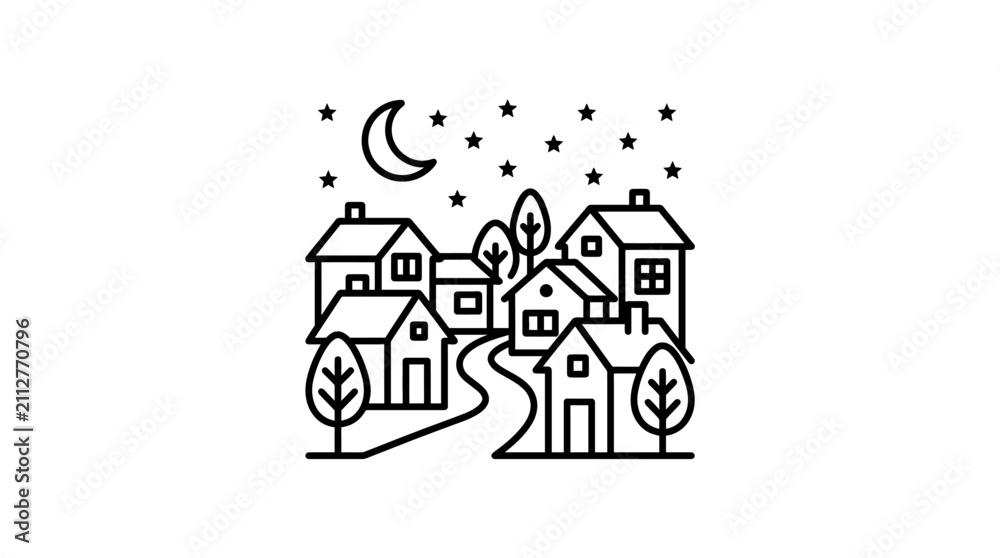 Obraz premium Elegant Black and White Line Drawing of Cozy Suburban Houses Under a Starry Night Sky with Crescent Moon