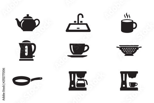 Comprehensive collection of nine kitchen related icons including teapot, sink faucet, coffee makers, and cookware. These professional graphic elements are perfect for culinary websites.