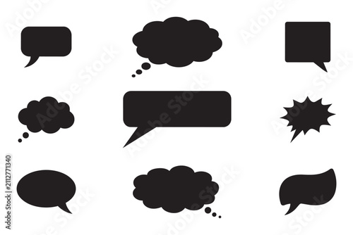 Variety of nine different speech and thought bubble shapes for UI design. Includes cloud, rectangular, and oval styles suitable for chat apps, comics, and messaging interfaces.