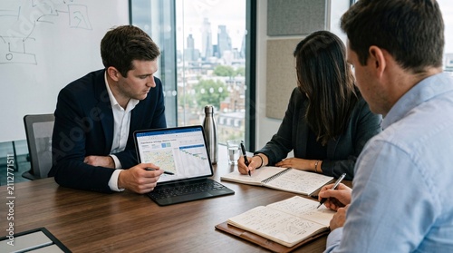 Business professionals analyzing data on a laptop during a corporate office meeting.
