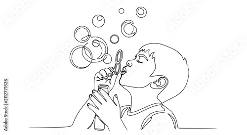 Bild auf Leinwand Child blowing bubbles, continuous line art, playful childhood, simple sketch, wh