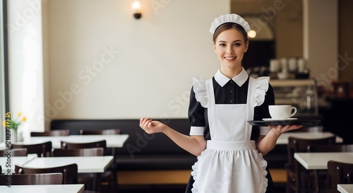 Smiling Maid Service Professional Holding Coffee Tray in Elegant Hospitality Setting