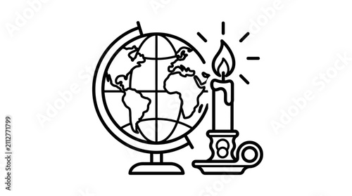 Photography Minimalist Black and White Line Drawing of Globe with Candle on Stand Symbolizin