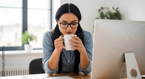 Young professional woman with glasses drinking coffee at modern desktop workstation