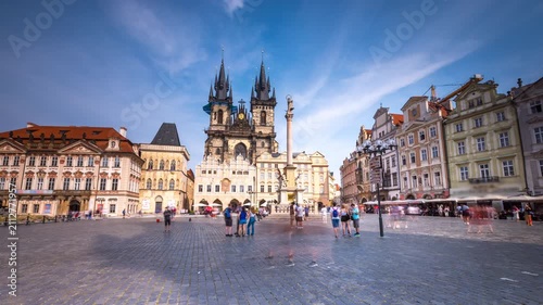 Hyperlapse of Prague Old Town Square featuring the iconic Church of Our Lady before Týn, historic architecture and vibrant city life in the heart of the Czech capital.
