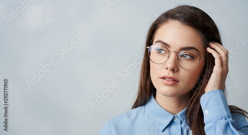 Thoughtful young professional woman wearing stylish glasses looking away with copyspace