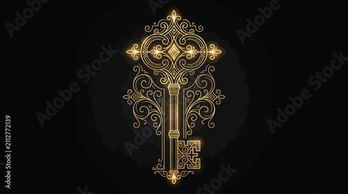 Ornate antique golden key with intricate scrollwork on black background