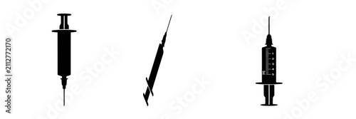 Картината върху платно Black medical syringes set isolated on white background, hypodermic injection ne