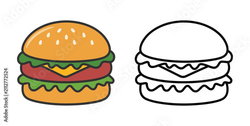 Burger Icon Pair: A colorful, cartoon-style hamburger sits next to its outlined counterpart, perfect for use in menus, food apps, or graphic design projects.
