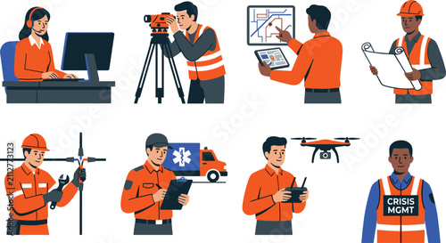 Canvastavla Emergency services and infrastructure personnel vector set featuring land survey