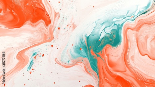 Abstract Fluid Art with Coral Orange and Teal Swirls on White Background