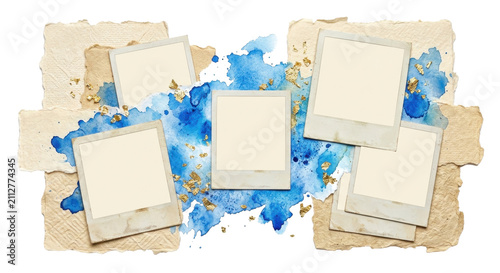 Scrapbook layout with vintage polaroid frames, textured paper, and blue watercolor splashes, creating a nostalgic and artistic collage on a white background.