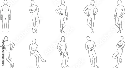 Human Body Mannequin Line Art Vector Set Featuring Standing Relaxed Fashion Figure Reference Poses Collection
