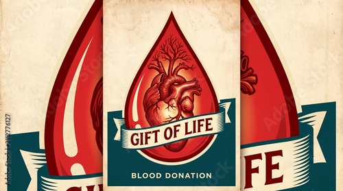 Gift of Life Blood Donation Campaign: A powerful graphic promoting blood donation, featuring a stylized blood drop containing a human heart, symbolizing the life-saving impact of giving blood.