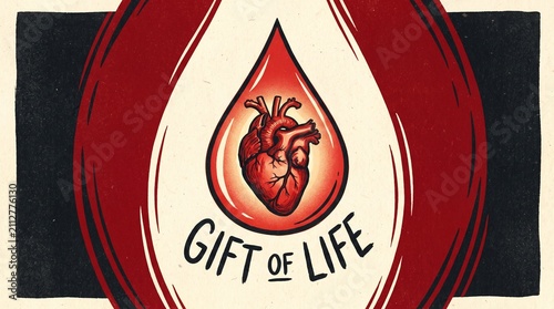 Gift of Life: A symbolic illustration depicting a single drop of blood containing a vibrant human heart, representing the profound significance of blood donation.