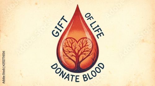 Gift of Life - Donate Blood: A symbolic representation of donating blood, featuring a drop of blood containing a tree with roots and branches resembling a heart.