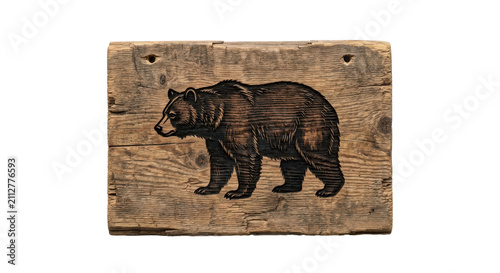 A rustic brown bear illustration engraved on a weathered wooden sign, captured in a minimalist studio style against a clean white background.