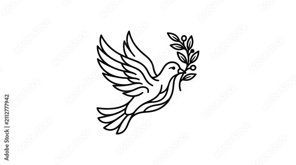 Obraz premium Sleek Black and White Line Drawing of a Dove Holding an Olive Branch Symbolizing Peace and Harmony