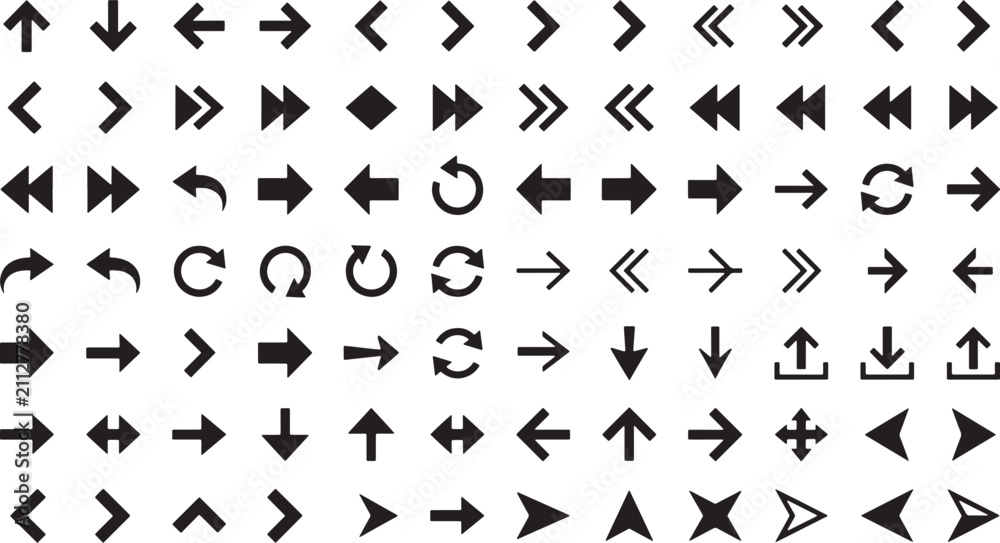Fototapeta premium Set of black arrow icons for user interface design featuring various directions and navigation symbols vector illustration