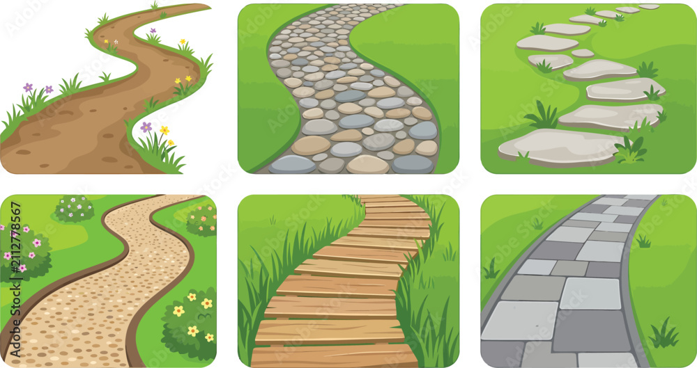 Obraz premium Set of garden path illustrations featuring dirt stone wood and paved walkways in a flat vector style