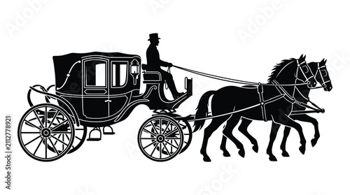 Bild auf Leinwand Horse drawn carriage silhouette against a white background vintage transportatio