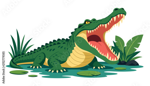 Cartoon alligator with open mouth and sharp teeth.