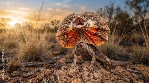 Frilled lizard opens its neck frill in a defensive display within the dry Australian outback.