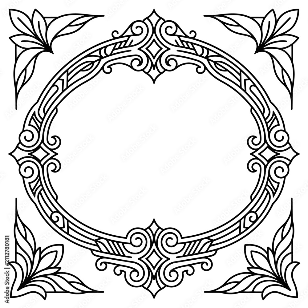 Obraz premium Oval ornate frame with decorative leaf corner accents.