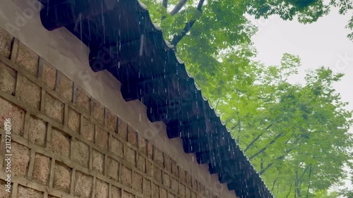 Raindrops falling from the traditional roof eaves