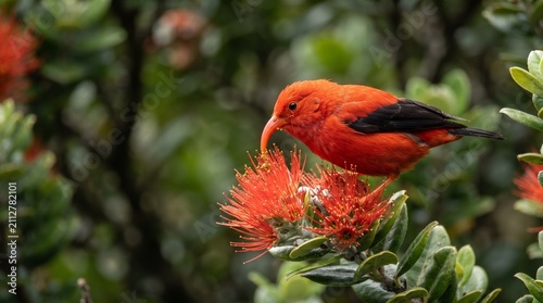 Iiwi bird perches delicately on a vibrant red blossom while foraging for nectar in the lush tropical forest.