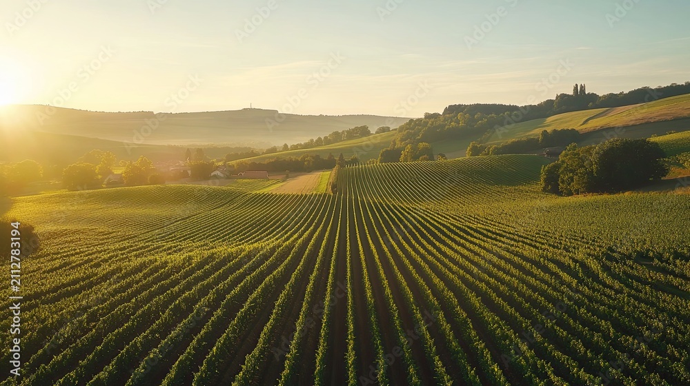 Obraz premium Sunrise over vineyard rows, rural landscape, summer morning.