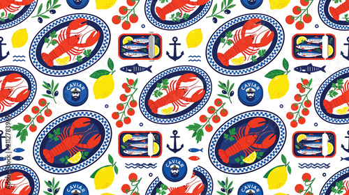 Mediterranean seafood pattern with lobster plates sardines lemons and tomatoes vector illustration for culinary textile design