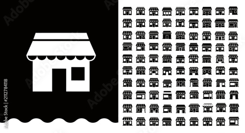 Crowded storefront icon beside dense grid of tiny people silhouettes.
