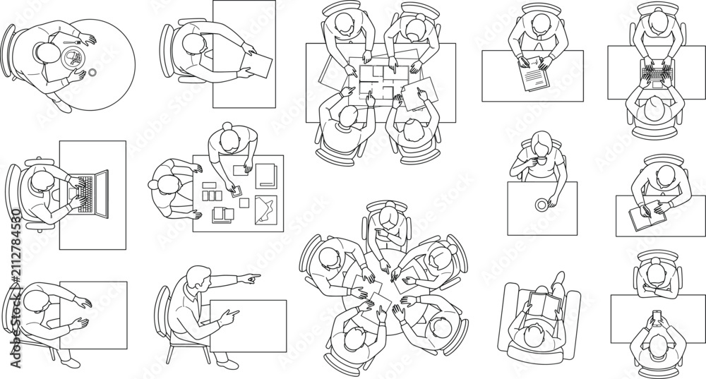Fototapeta premium Top View Office People Outline Vector Set with Meetings, Laptop Work, Reading, Writing, and Collaboration Illustrations
