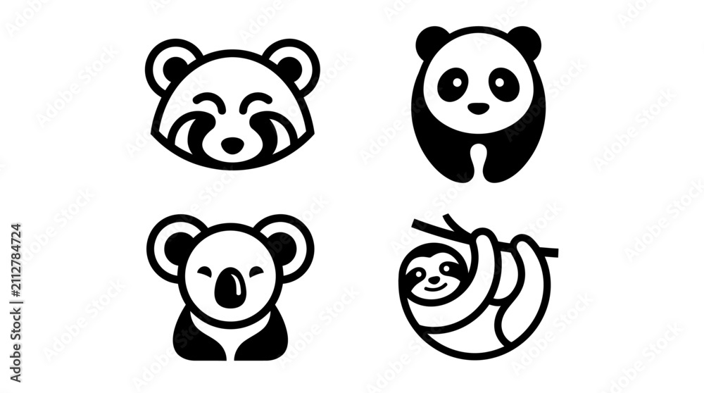Fototapeta premium Red panda, panda, koala, and sloth are rendered as friendly black and white animal face icons.