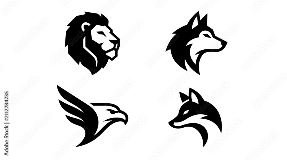 Obraz premium Lion, eagle, and fox heads comprise a series of artistic black and white animal silhouettes.