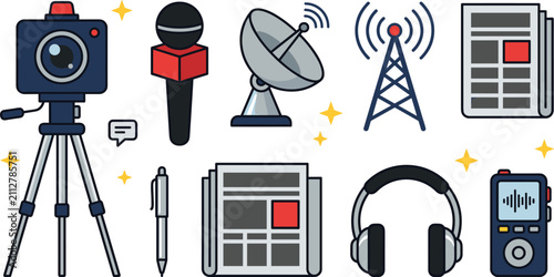 Foto Mass Media and Journalism Vector Icon Set with Video Camera Tripod Interview Mic