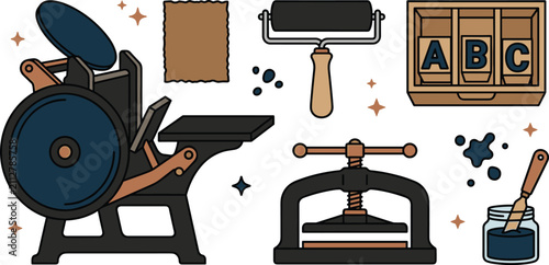Konstfotografi Commercial Vintage Letterpress and Offset Printing Element Set with Antique Plat