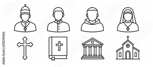 Konstfotografi Religious symbols and figures in minimalist line art style.