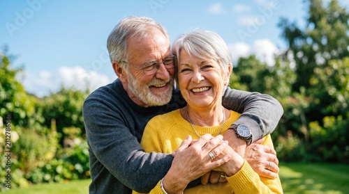 Happy elderly couple embracing affectionately in a sunny outdoor garden setting with outdoors marriage retirement