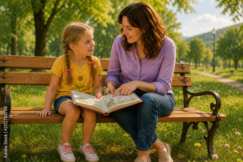 Woman and girl reading a storybook together on a park bench surrounded by green trees and sunlight, enjoying a peaceful moment in a vibrant outdoor setting