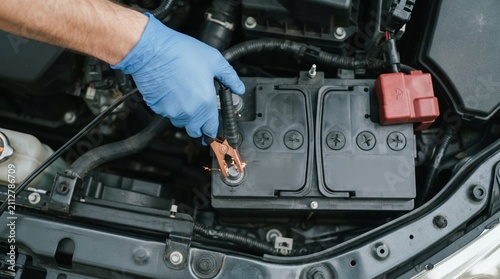 Mechanic jumping a car battery with jumper cables creating sparks under the hood