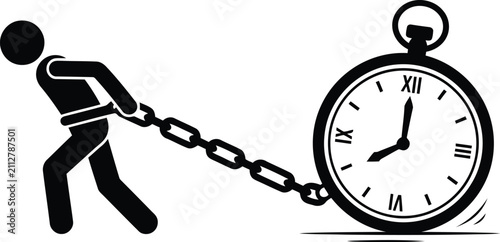 Person pulling a large vintage pocket watch with a heavy metal chain symbolizing hard work pressure and time management challenges for business productivity concept