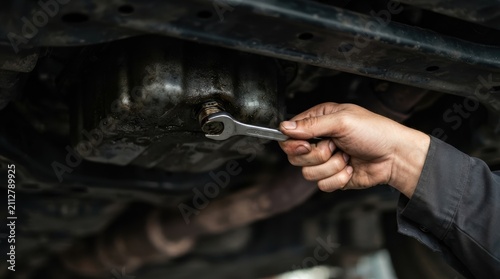 Mechanic changing oil in a car using a wrench to loosen the drain plug for vehicle maintenance