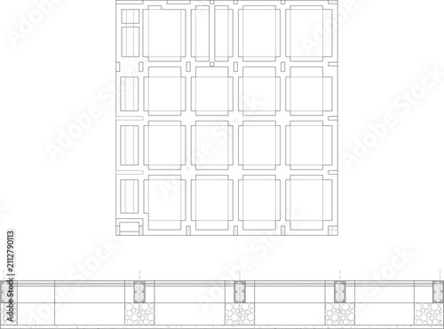 Fotografía Technical CAD drawing showing a floor plan layout of rectangular tables and a cross-section detail of a built-in counter or wall structure with structural supports