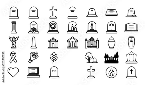 Foto Premium graveyard, cemetery, funeral, death and gravestone line icons set