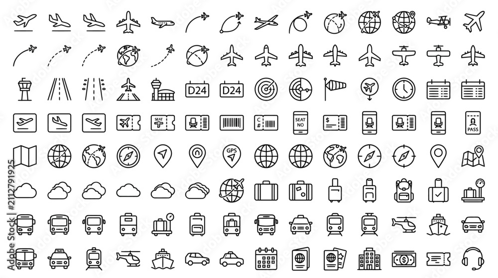 Fototapeta premium Set of plane vector line icon. It contains symbols to aircraft, globe and more. Editable move. 32x32 pixels.