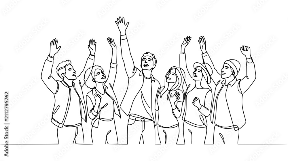 Obraz premium Diverse group of people raising hands in excitement and celebration, line art illustration.